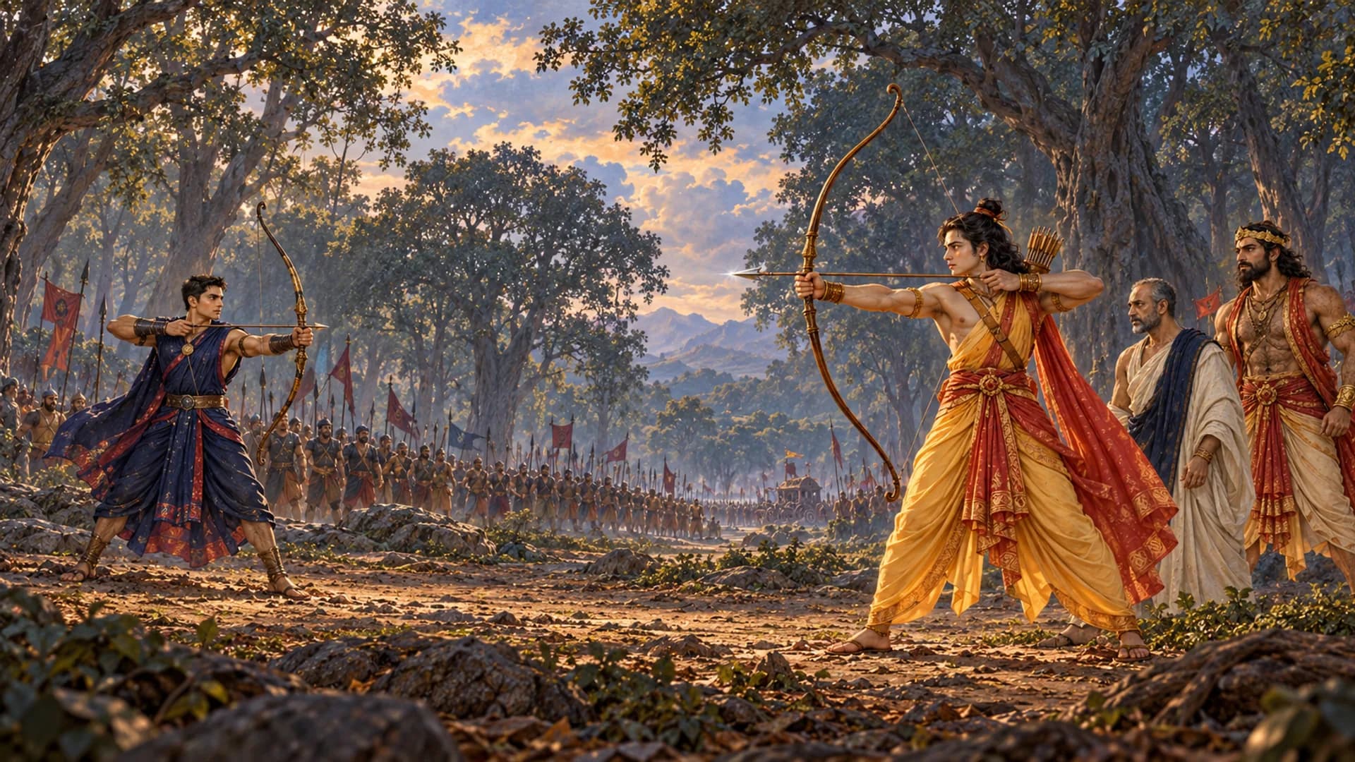 Illustration: Lakṣmaṇa draws the Aindra arrow toward Indrajit on foot in the Nikumbhilā grove, with Vibhīṣaṇa and Hanumān nearby.