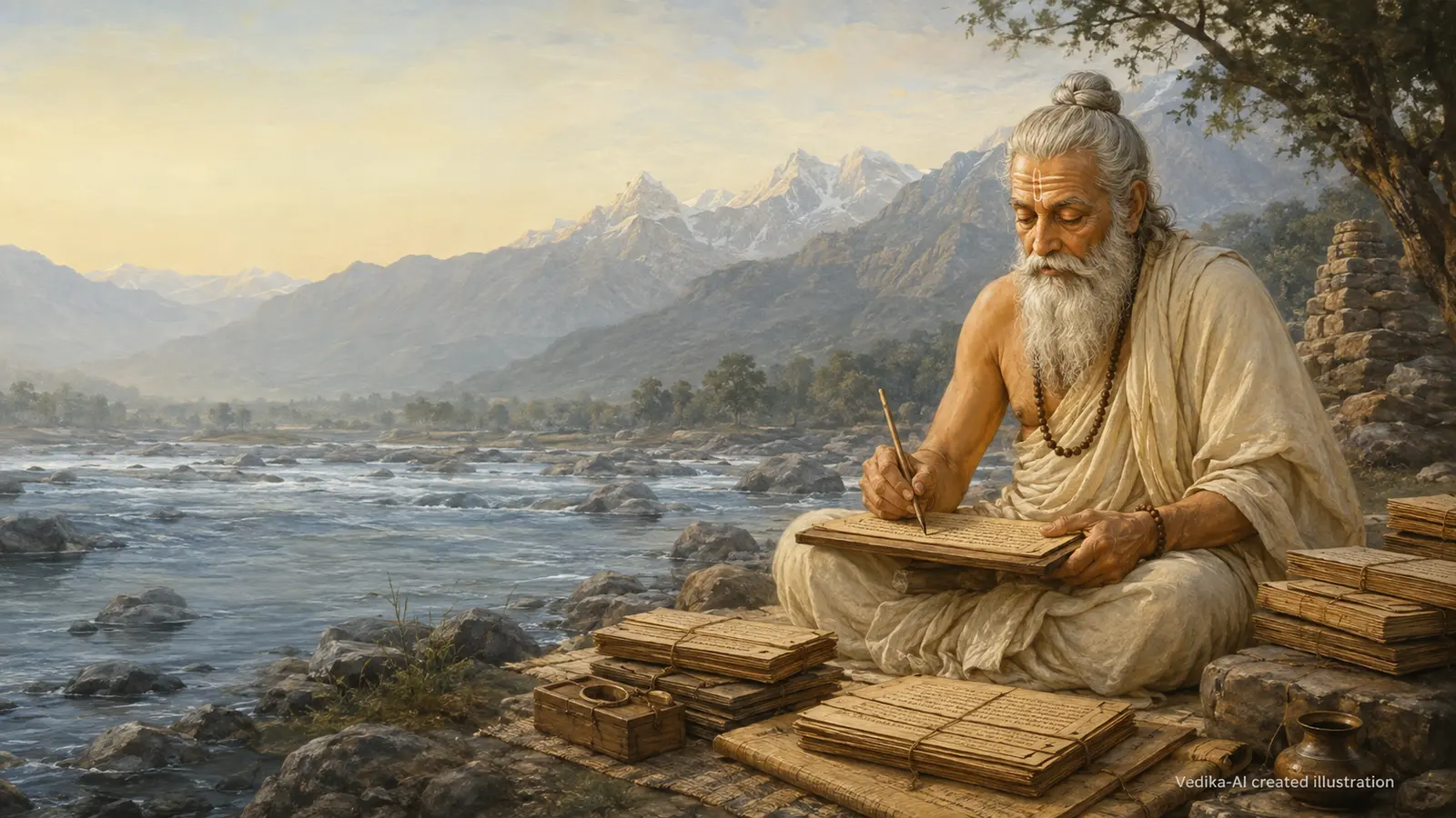 Vedika-created painted interpretation of Badarayana composing aphorisms beside a Himalayan river and Upanishadic manuscripts