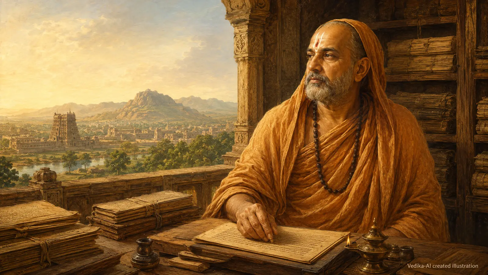 Vedika-created painted interpretation of Vidyaranya in a monastic library overlooking the Vijayanagara landscape