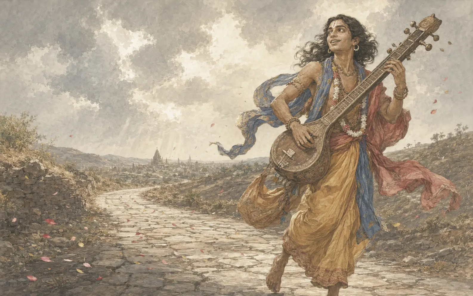 Vedika-created painted interpretation of the young travelling Narada playing a vina on an ancient road beneath a monsoon sky