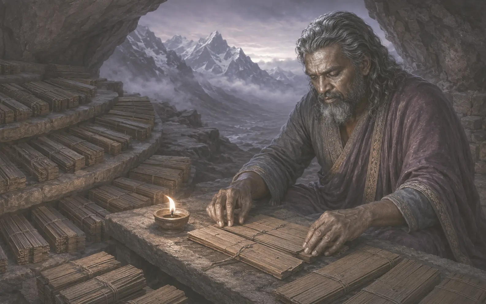 Vedika-created painted interpretation of the dark-complexioned Veda Vyasa ordering palm-leaf manuscripts in a Himalayan rock shelter