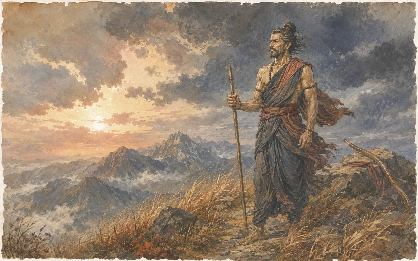 Vedika-created painted interpretation of Vishvamitra on a storm-lit mountain ridge, with a staff and relinquished bow