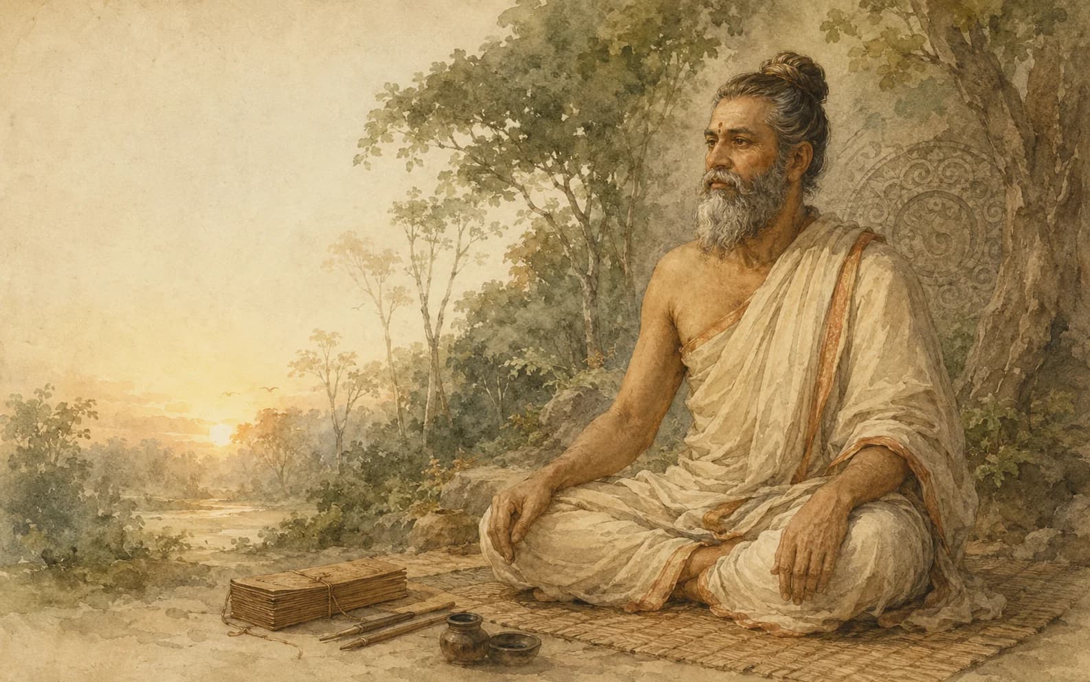 Vedika-created painted interpretation of Patanjali seated in a forest hermitage with Yoga Sutra manuscripts