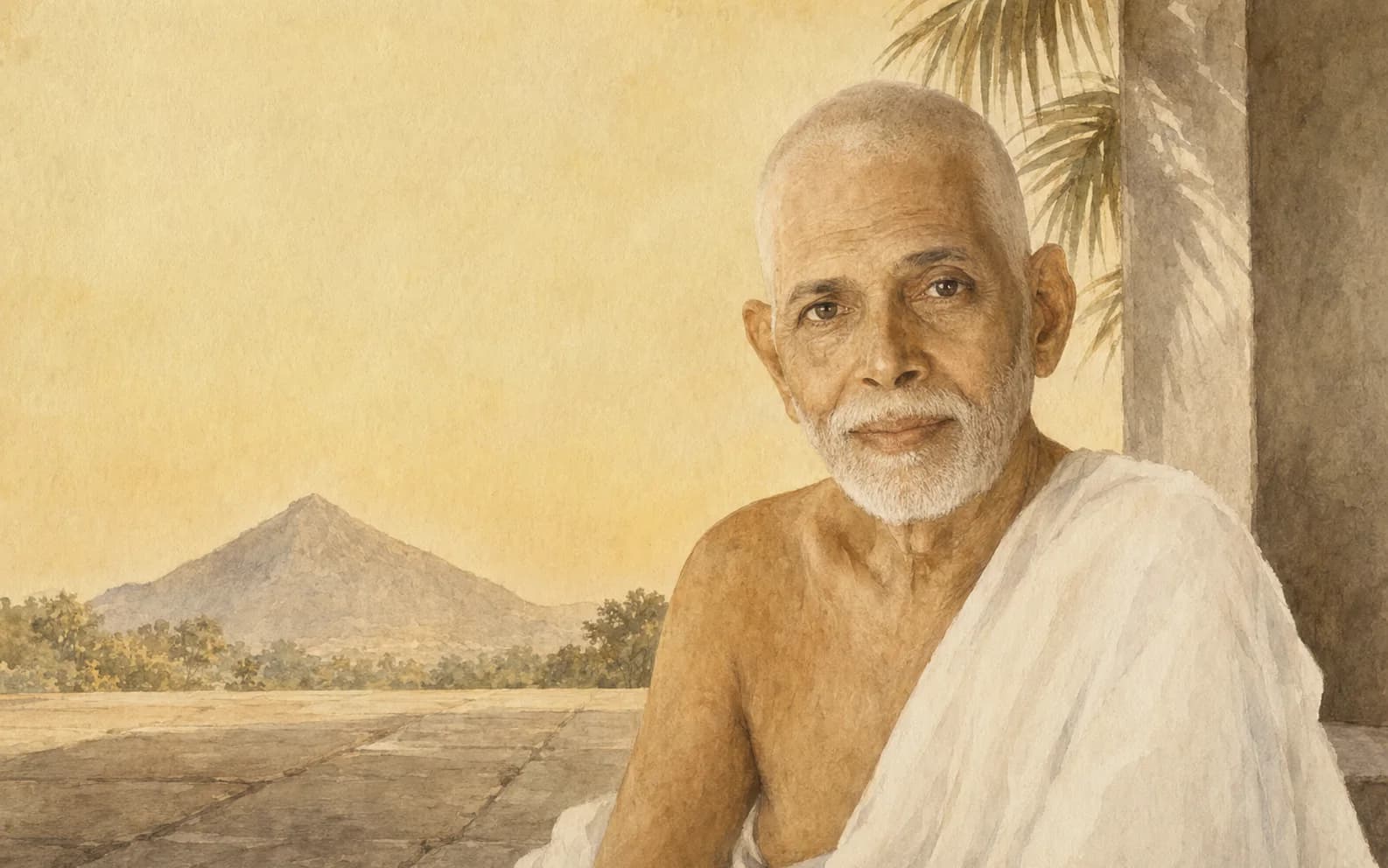 Vedika-created painted portrait of Ramana Maharshi looking gently toward the seeker with Arunachala behind him
