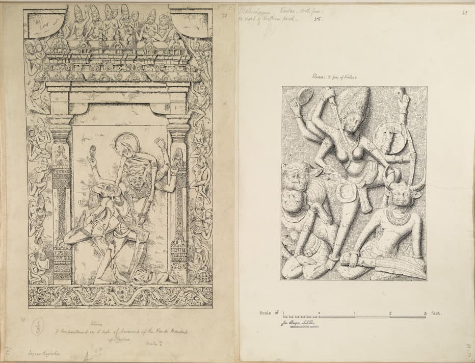 Two mounted Archaeological Survey drawings from 1876. The left sheet shows a framed compartment in which a lion-headed, many-armed Narasiṃha straddles and tears open a prone figure, surrounded by a carved doorframe of small figures. The right sheet shows a many-armed Durgā above the buffalo-headed Mahiṣāsura, with a measuring scale beneath. Both sheets carry handwritten captions naming Kailāsa.