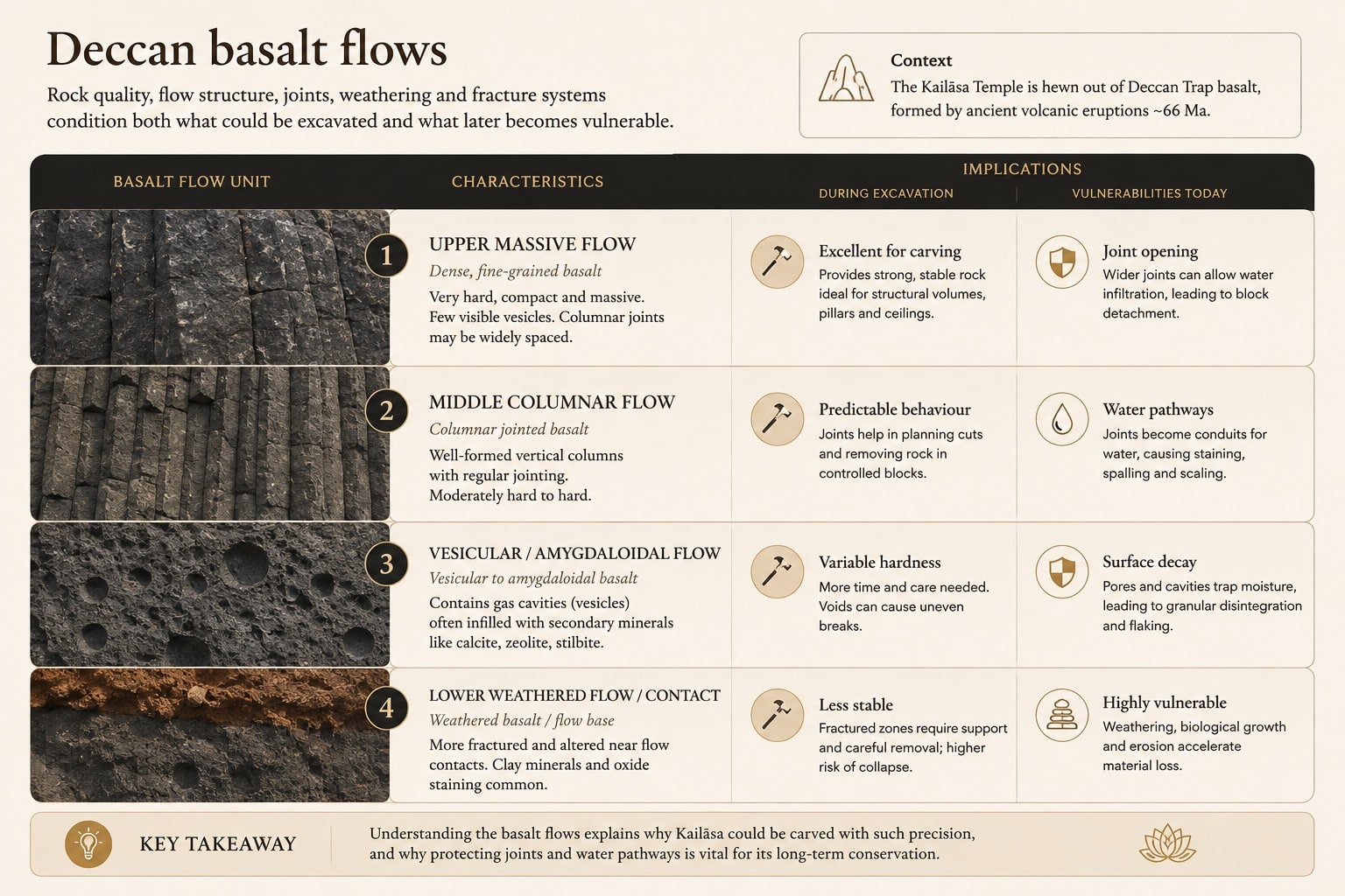 Educational graphic showing different Deccan basalt flow structures and explaining how rock quality, joints, weathering, cavities and water pathways influence both excavation and conservation at Kailāsa. Four numbered rows — upper massive flow, middle columnar flow, vesicular or amygdaloidal flow, and lower weathered flow or contact — each pair a rock photograph with its characteristics, its implication during excavation and its vulnerability today.