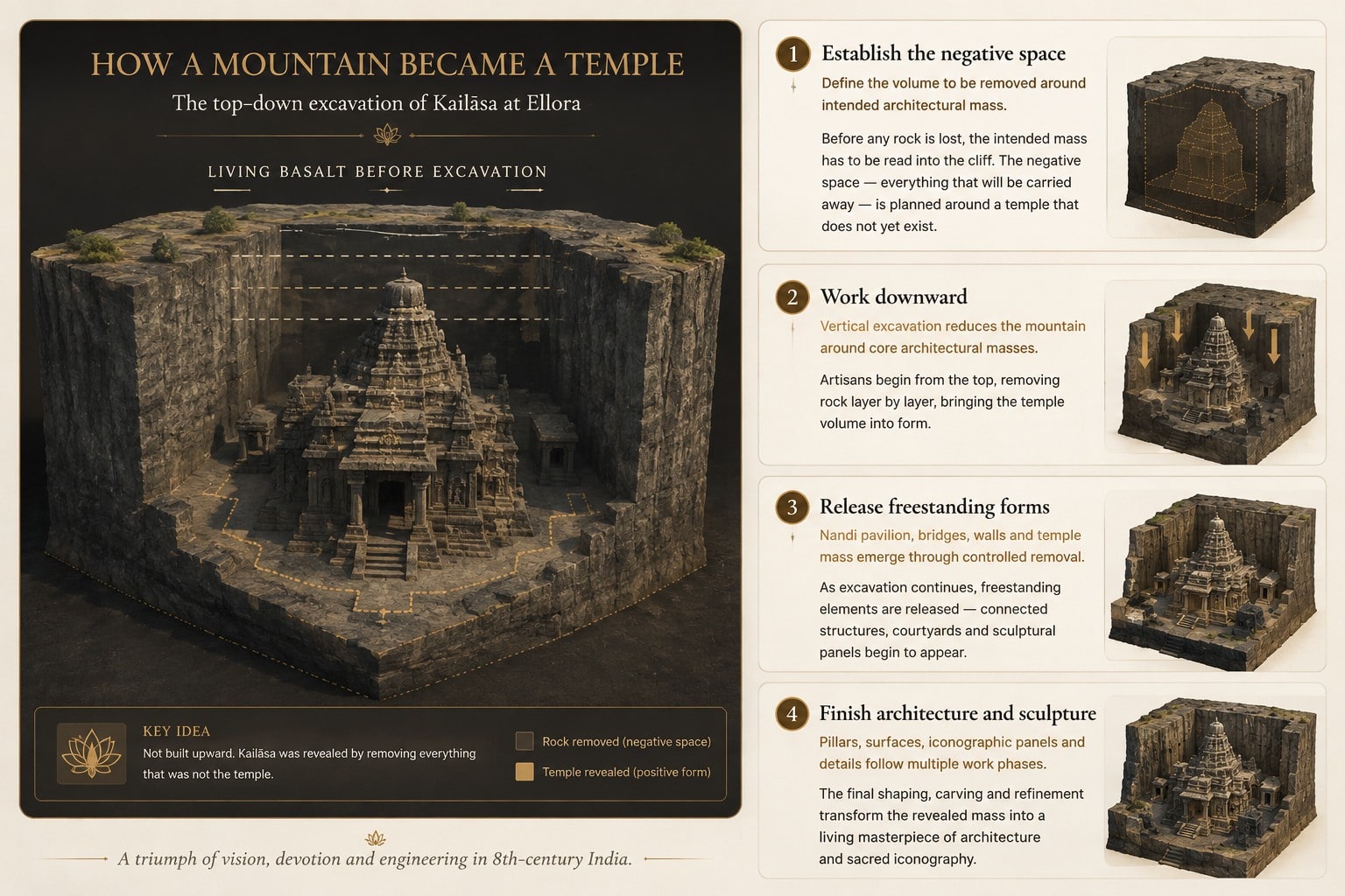 Vedika explanatory graphic showing a four-stage conceptual top-down excavation sequence for Kailāsa, from identifying the intended temple mass through removing surrounding rock and refining the revealed architecture. A large cutaway render on the left shows the temple standing within the excavated basalt pit; four numbered panels on the right show establishing the negative space, working downward, releasing freestanding forms, and finishing architecture and sculpture.