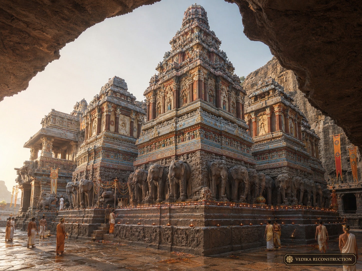 Vedika reconstruction imagining the Kailāsa Temple as an active sacred complex with painted architectural surfaces, lamps, ritual activity and devotees. The tiered superstructure carries ochre, blue, red and white pigment, carved elephants stand along the plinth, rows of oil lamps burn at its base, banners hang at the right, and robed figures move across the wet court floor beneath the overhanging basalt.