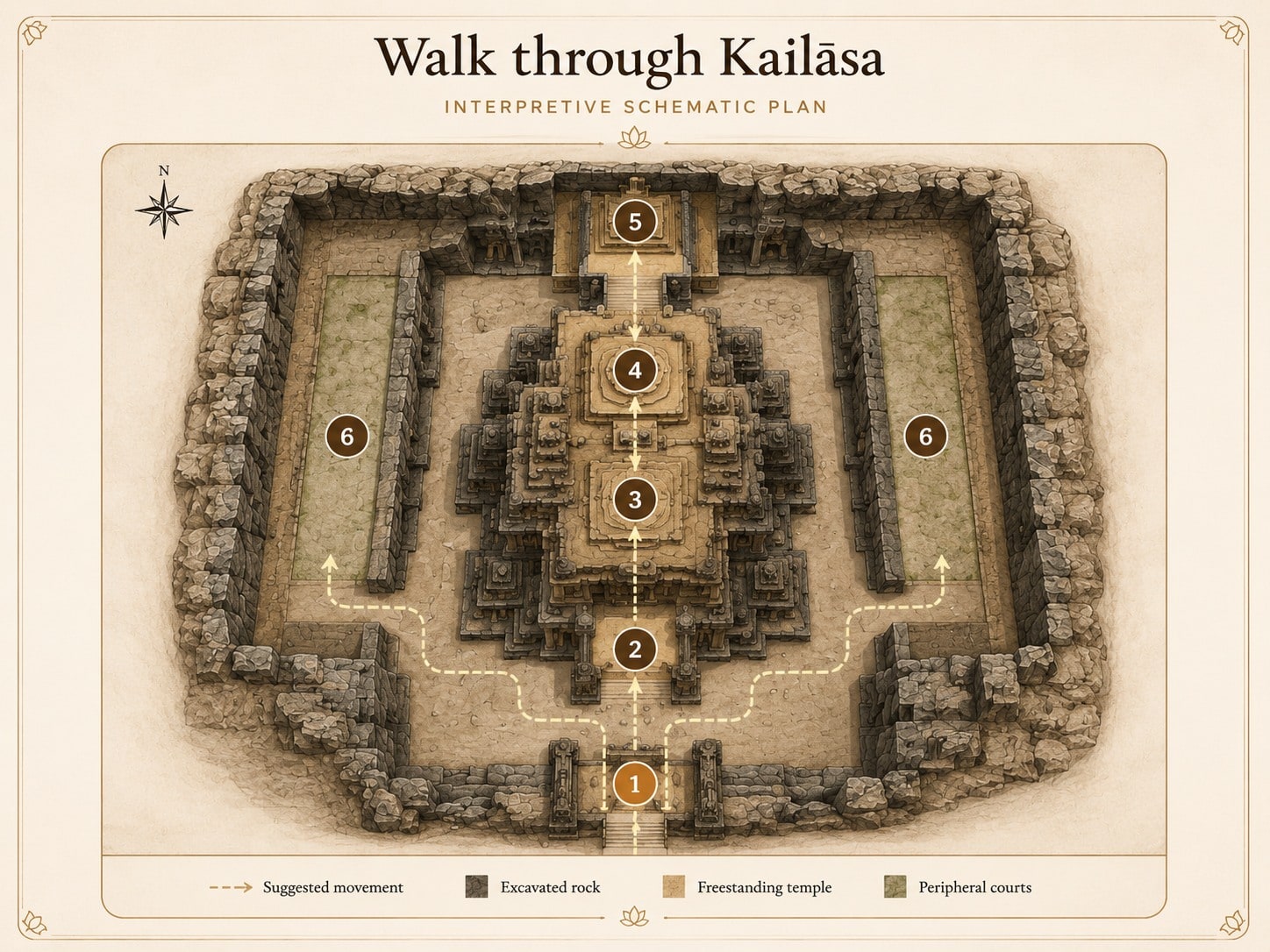 Interpretive overhead plan of the Kailāsa Temple complex at Ellora showing a numbered visitor route from the monumental gateway through the excavated court, Nandi pavilion, main temple and sacred core. Six numbered markers run along a dashed movement line from the gateway at the bottom to the sacred centre at the top, with the peripheral courts marked on both flanks and a legend distinguishing excavated rock, freestanding temple and peripheral courts.