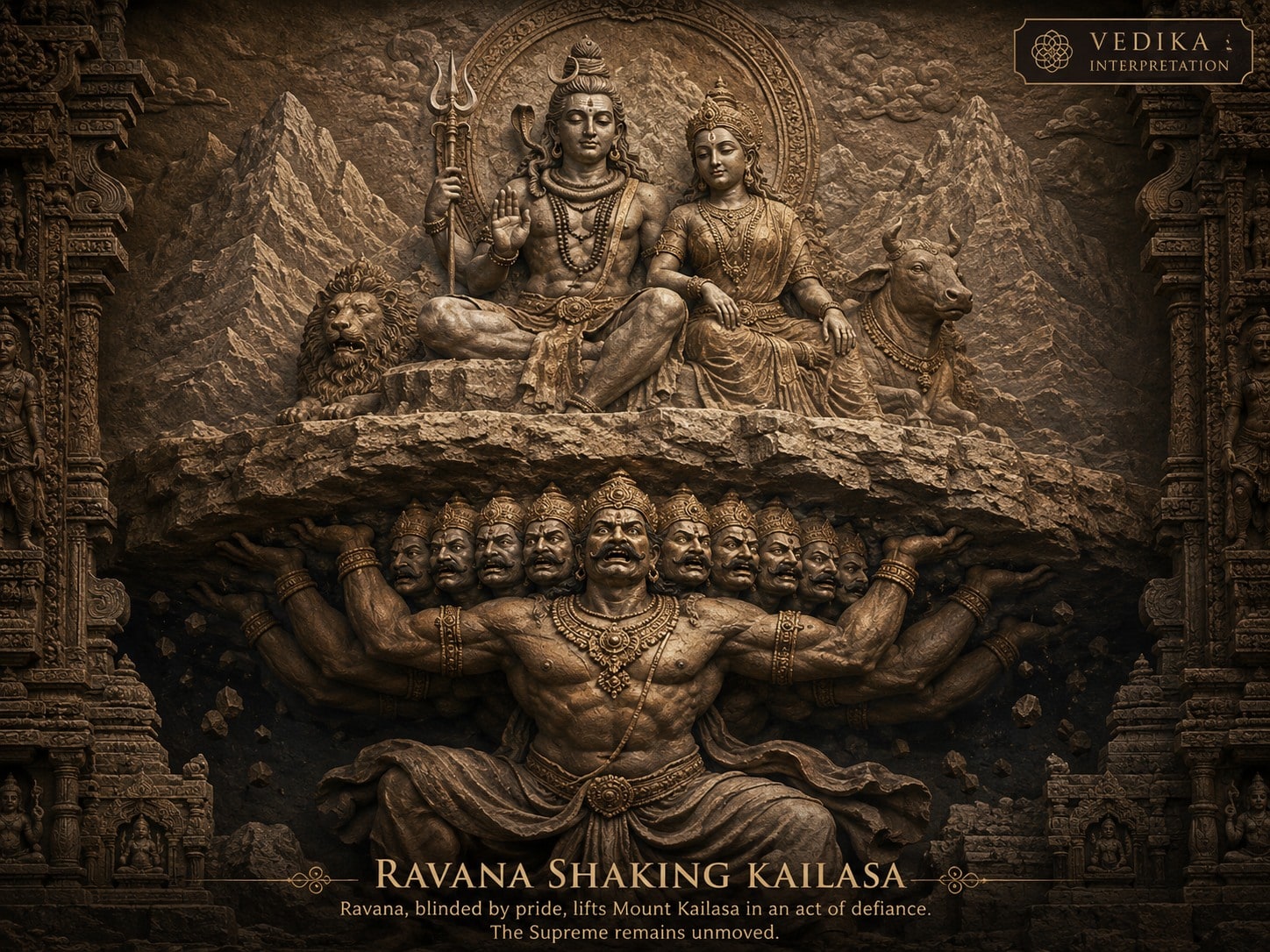 Vedika interpretive artwork depicting Rāvaṇa beneath Mount Kailāsa attempting to lift the mountain while Śiva and Pārvatī remain composed above. Śiva holds a trident and raises a hand in reassurance, seated with Pārvatī on the mountain slab with a lion and Nandi beside them; below, a many-headed, many-armed Rāvaṇa braces upward against the underside of the rock.