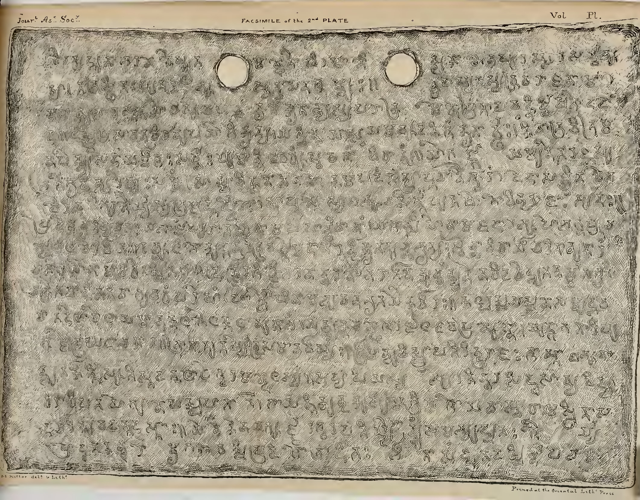 Lithographed facsimile of one leaf of the Baroda copper-plate grant, printed in 1839. A rectangular copper plate fills the sheet, pierced by two binding-ring holes along the top, its surface covered edge to edge with about twenty closely written lines of early Nāgarī script rendered in fine engraved hatching. Printed above the plate: “Jour.l As.c Soc.y” at the left, “FACSIMILE of the 2nd PLATE” at the centre and “Vol. Pl.” at the right; below it, the lithographer’s signature “M. Kittoe del.t & Lith.t” at the left and “Printed at the Oriental Lith.c Press” at the right.