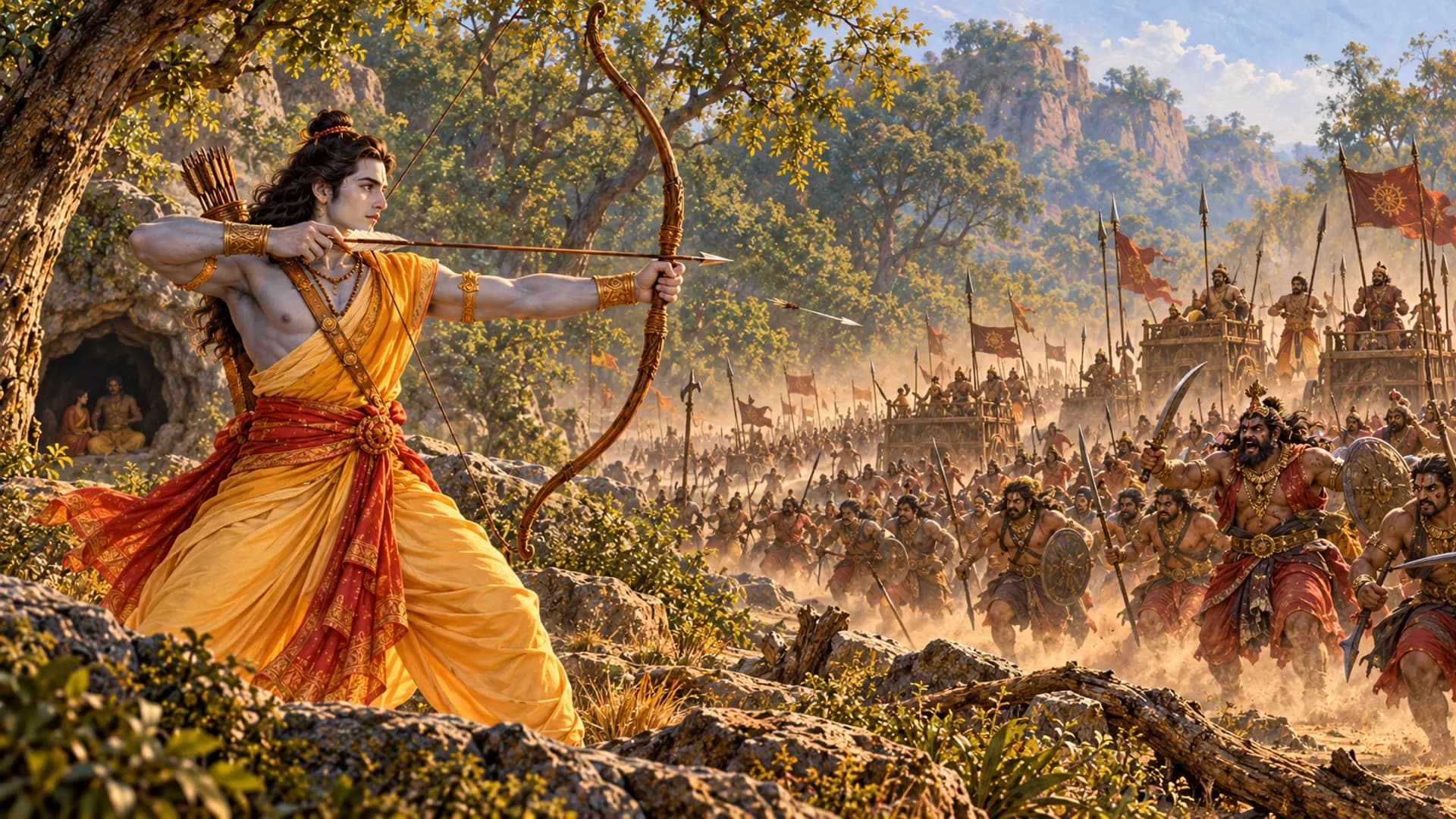 Illustration: Rāma stands alone at Janasthāna, drawing his bow against the approaching army of Khara, Dūṣaṇa and Triśiras.