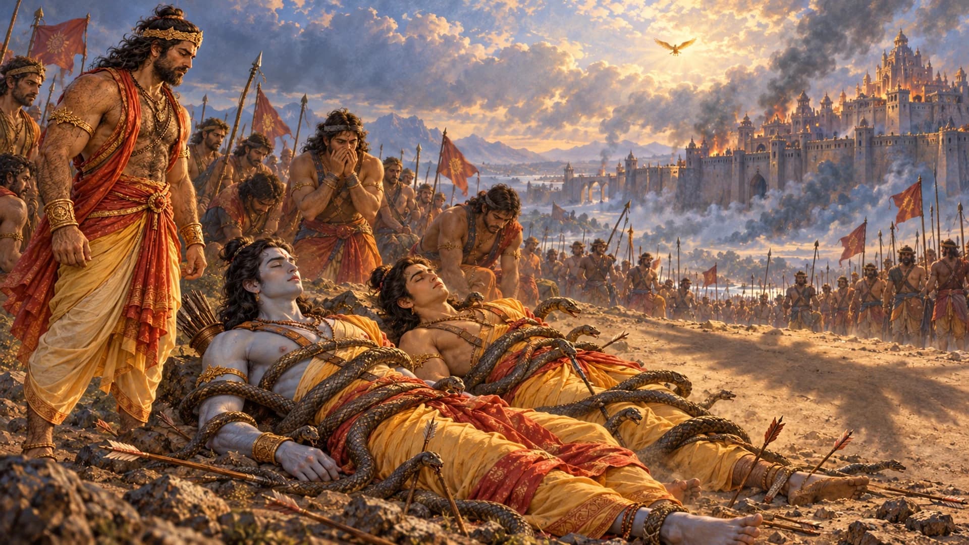 Illustration: Blue-grey Rāma and tan Lakṣmaṇa lie serpent-arrow-bound as grieving allies watch and Garuḍa approaches in the distance.