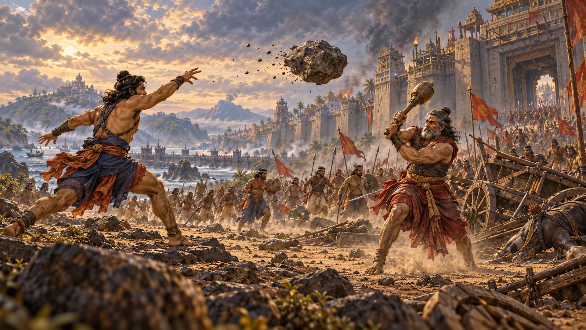 Illustration: Nīla hurls a rock at Prahasta advancing on foot with a mace, his abandoned chariot behind him near Laṅkā’s east gate.