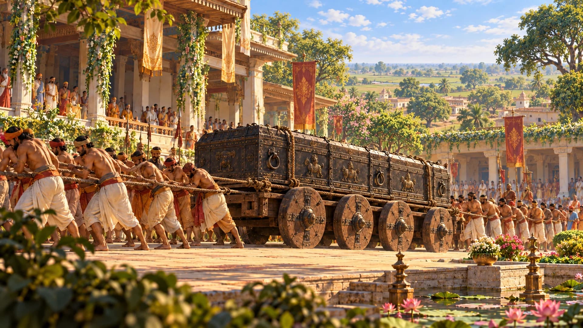 Illustration of Mithilā: men haul the great iron chest that holds Śiva's bow