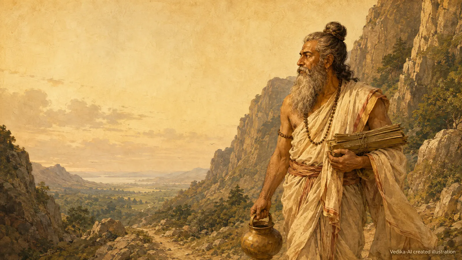 Vedika-created painted interpretation of Agastya travelling south through a mountain pass with a water pot and manuscripts