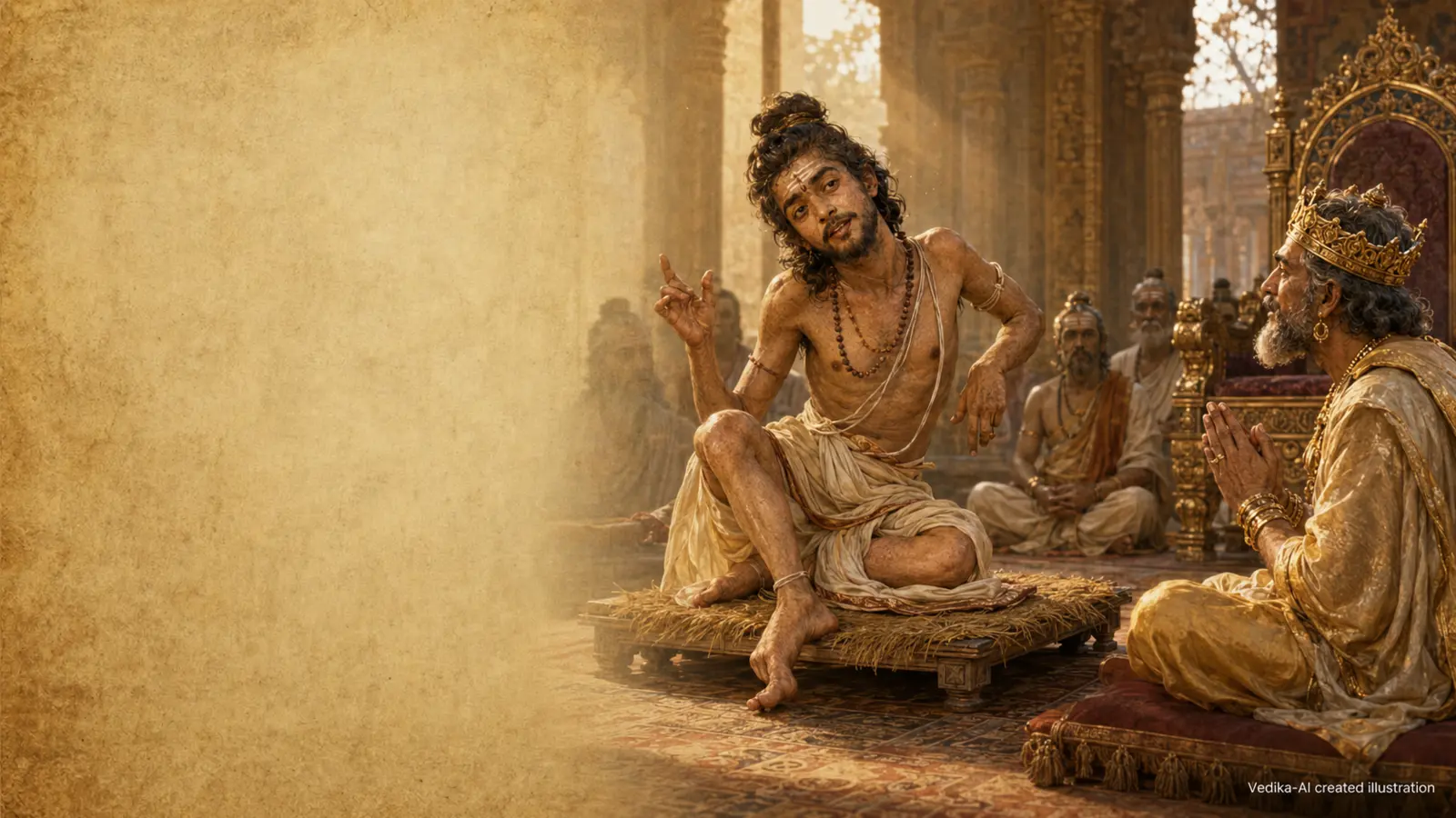 Vedika-created painted interpretation of the bent-bodied sage Ashtavakra meeting King Janaka in a dignified philosophical dialogue