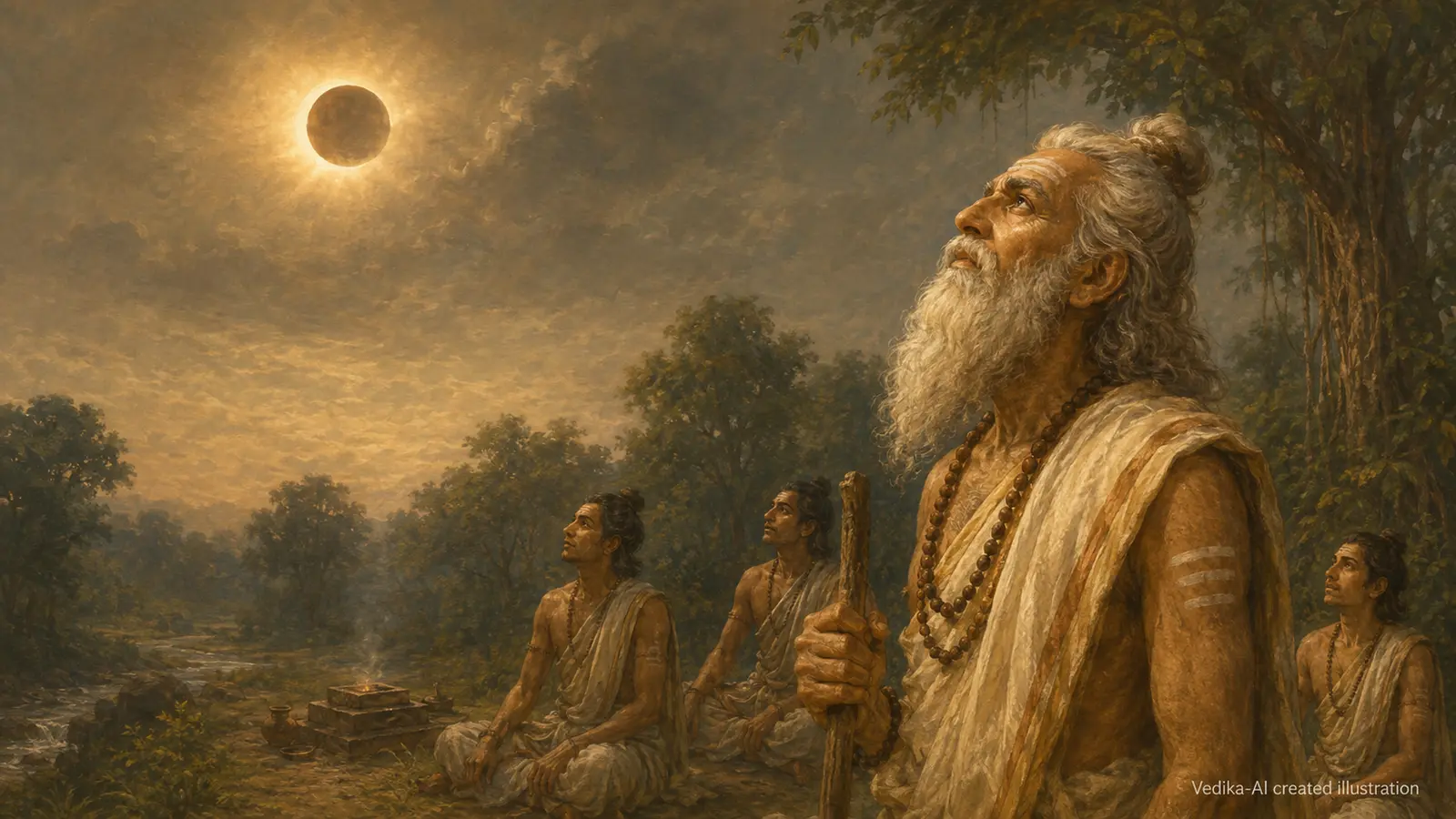 Vedika-created painted interpretation of Atri observing the returning sun from a forest clearing with students