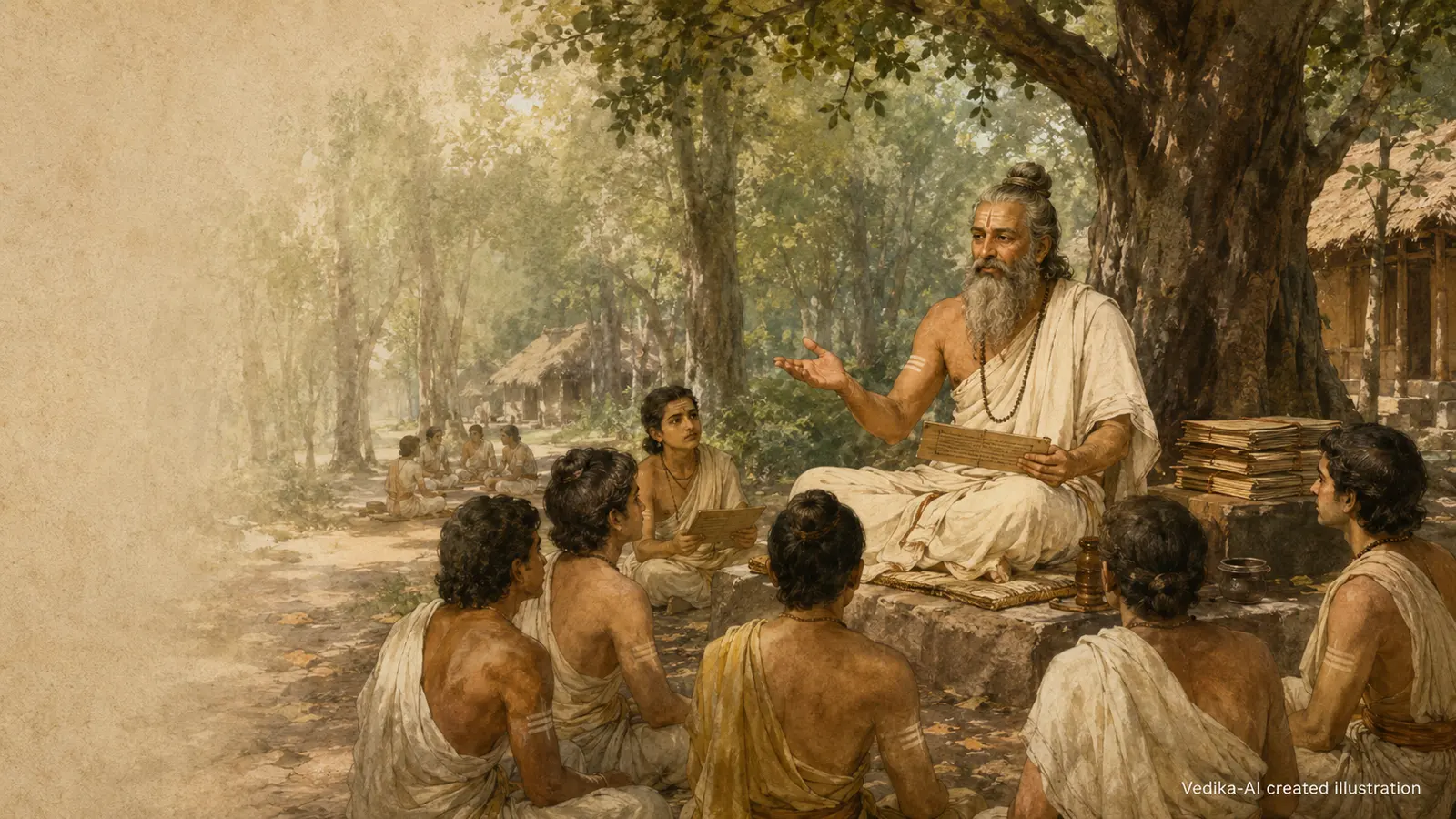 Vedika-created painted interpretation of Bharadvaja teaching palm-leaf texts to students in a woodland gurukula