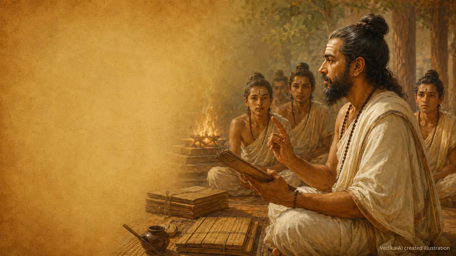 Vedika-created painted interpretation of Jaimini teaching Vedic interpretation beside manuscripts and a ritual fire
