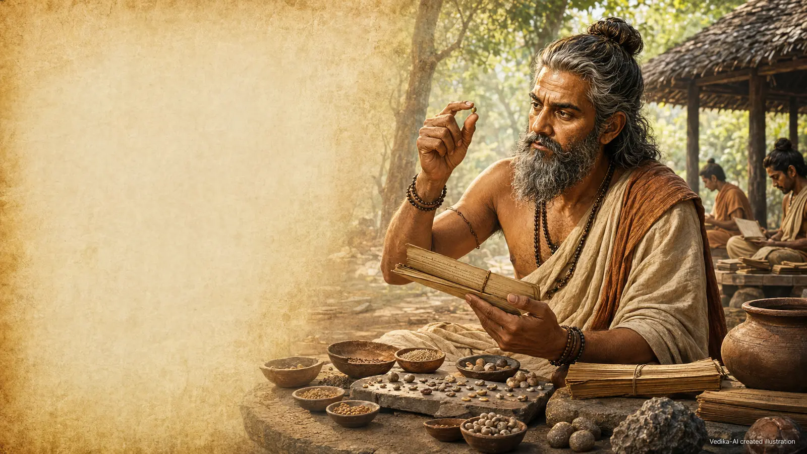 Vedika-created painted interpretation of Kanada using grains, a clay vessel and flame to teach categories of reality