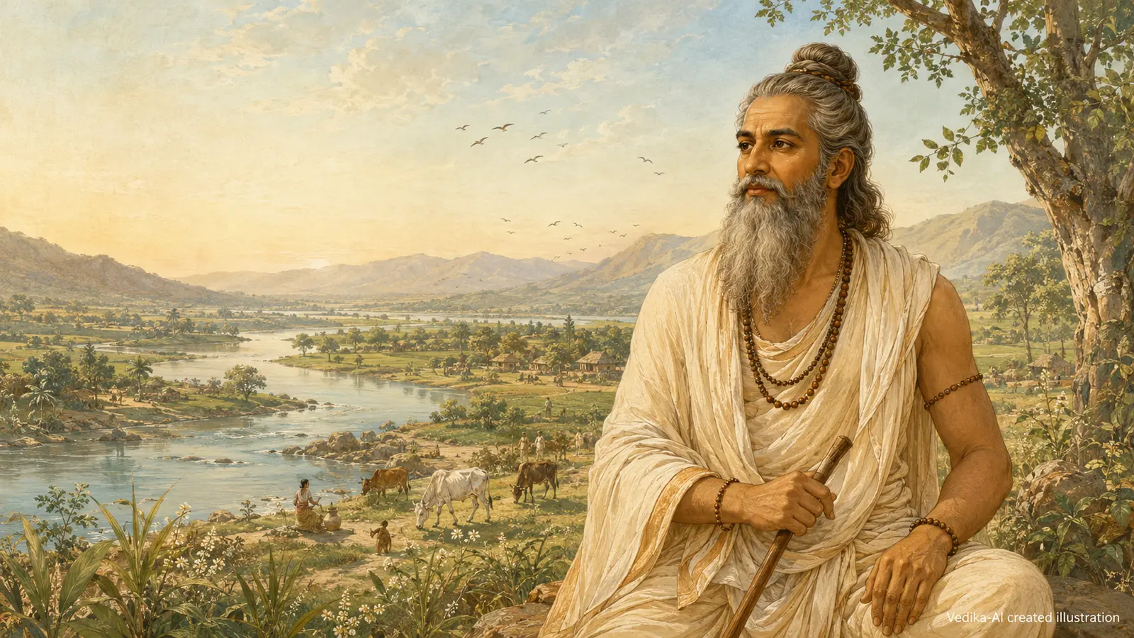 Vedika-created painted interpretation of Kashyapa in a broad river-valley hermitage surrounded by pastoral and wild life