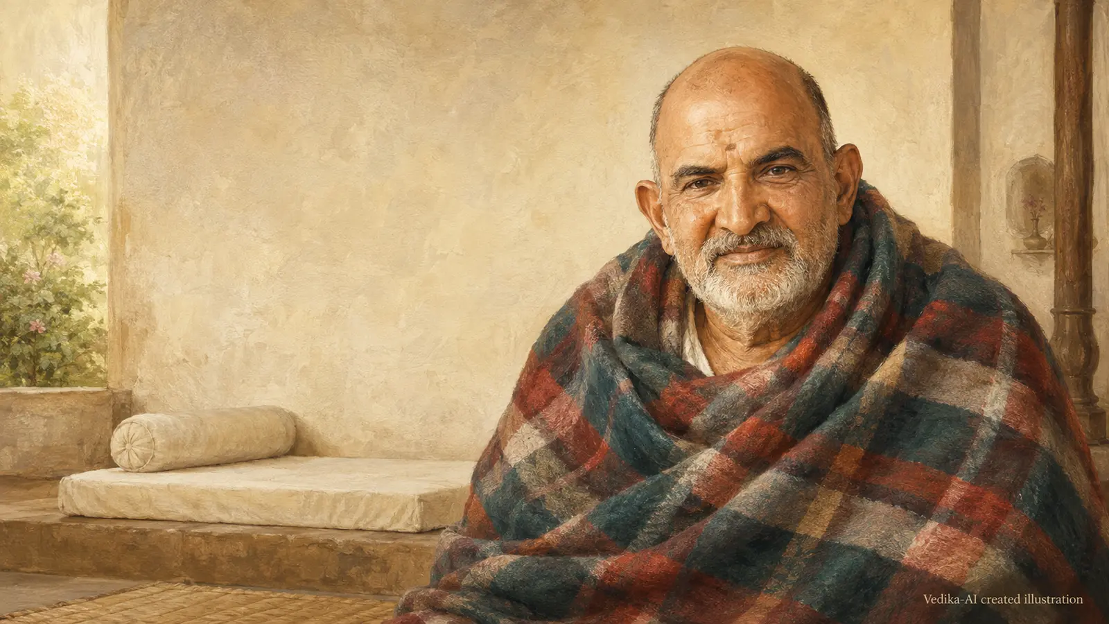 Vedika-created painted portrait of Neem Karoli Baba looking directly toward the seeker while seated simply in a plaid blanket