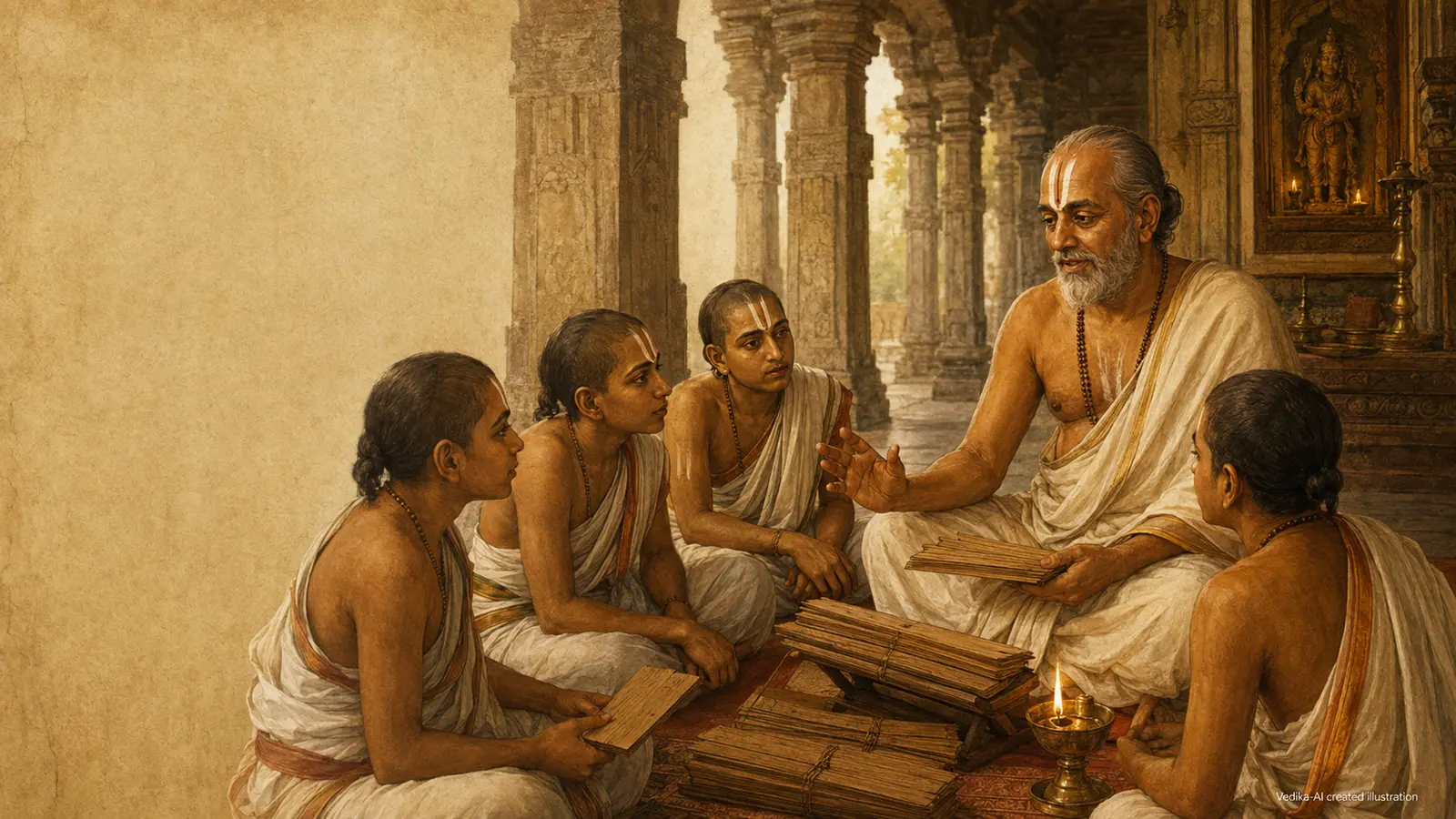 Vedika-created painted interpretation of Pillai Lokacharya giving intimate instruction in a pillared South Indian temple corridor
