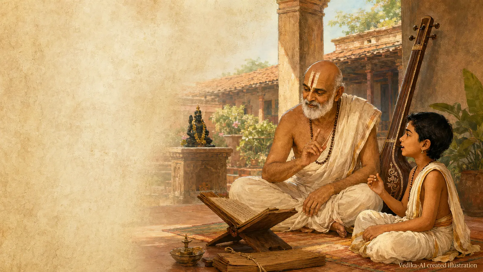 Vedika-created painted interpretation of Purandara Dasa teaching a child a musical exercise with a tambura in a South Indian courtyard