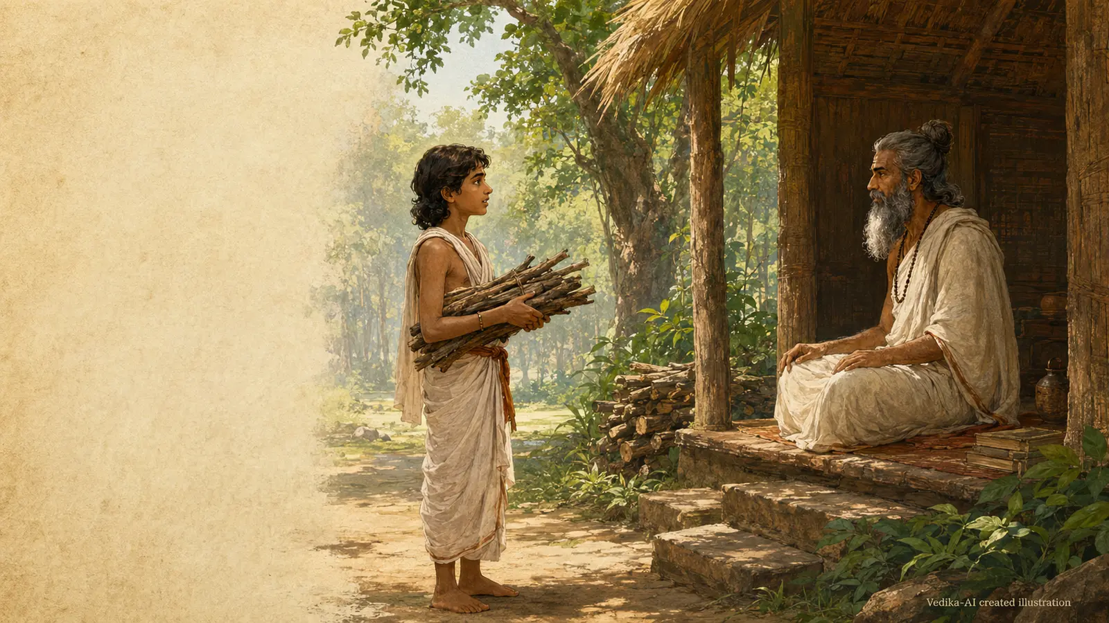 Vedika-created painted interpretation of young Satyakama Jabala speaking honestly to teacher Gautama at a forest school