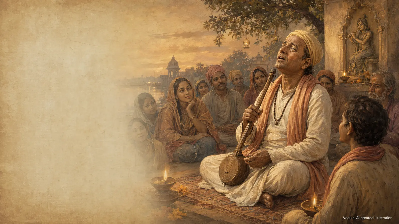 Vedika-created painted interpretation of the blind poet Surdas singing with an ektara before a Braj gathering