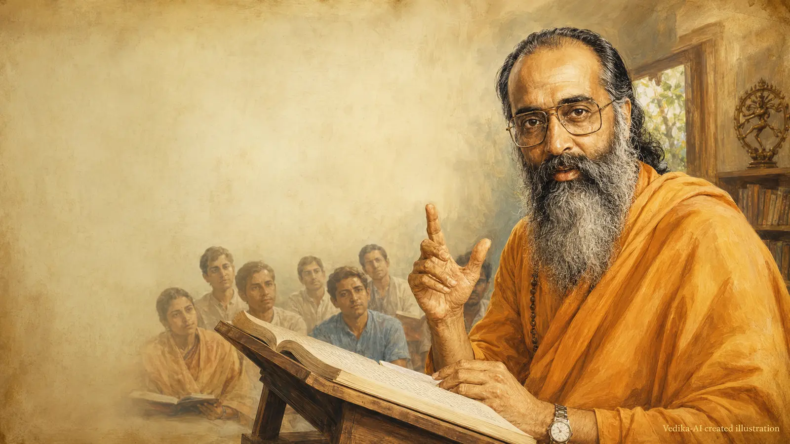 Vedika-created painted portrait of Swami Chinmayananda looking directly toward the seeker with an open scripture before a study class
