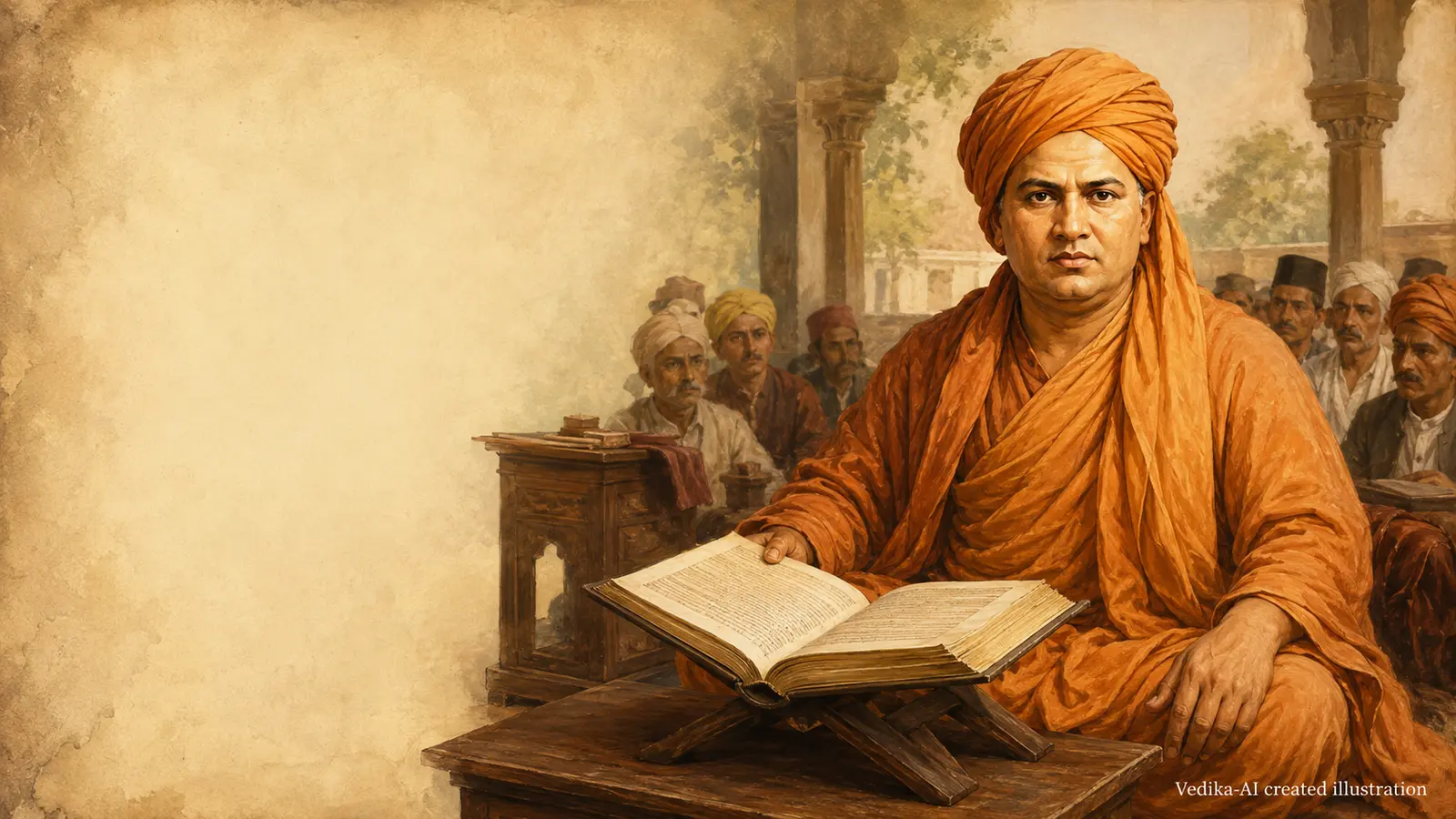 Vedika-created painted portrait of Swami Dayananda Saraswati looking directly toward the seeker with an open Veda in a public teaching setting