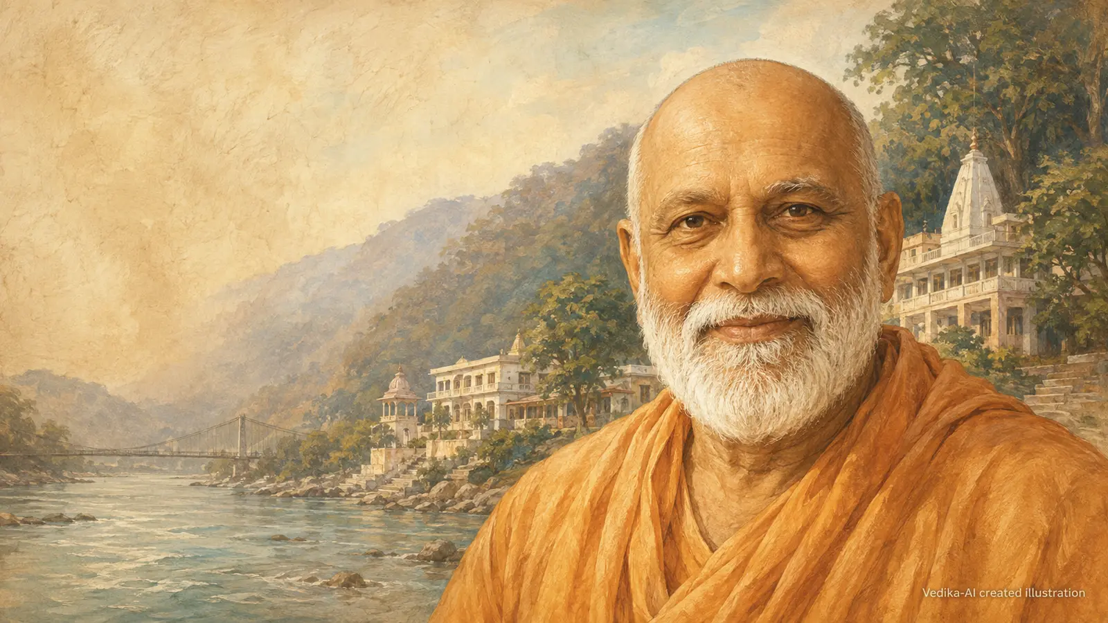 Vedika-created painted portrait of Swami Sivananda looking directly toward the seeker in Rishikesh with the Ganga behind him