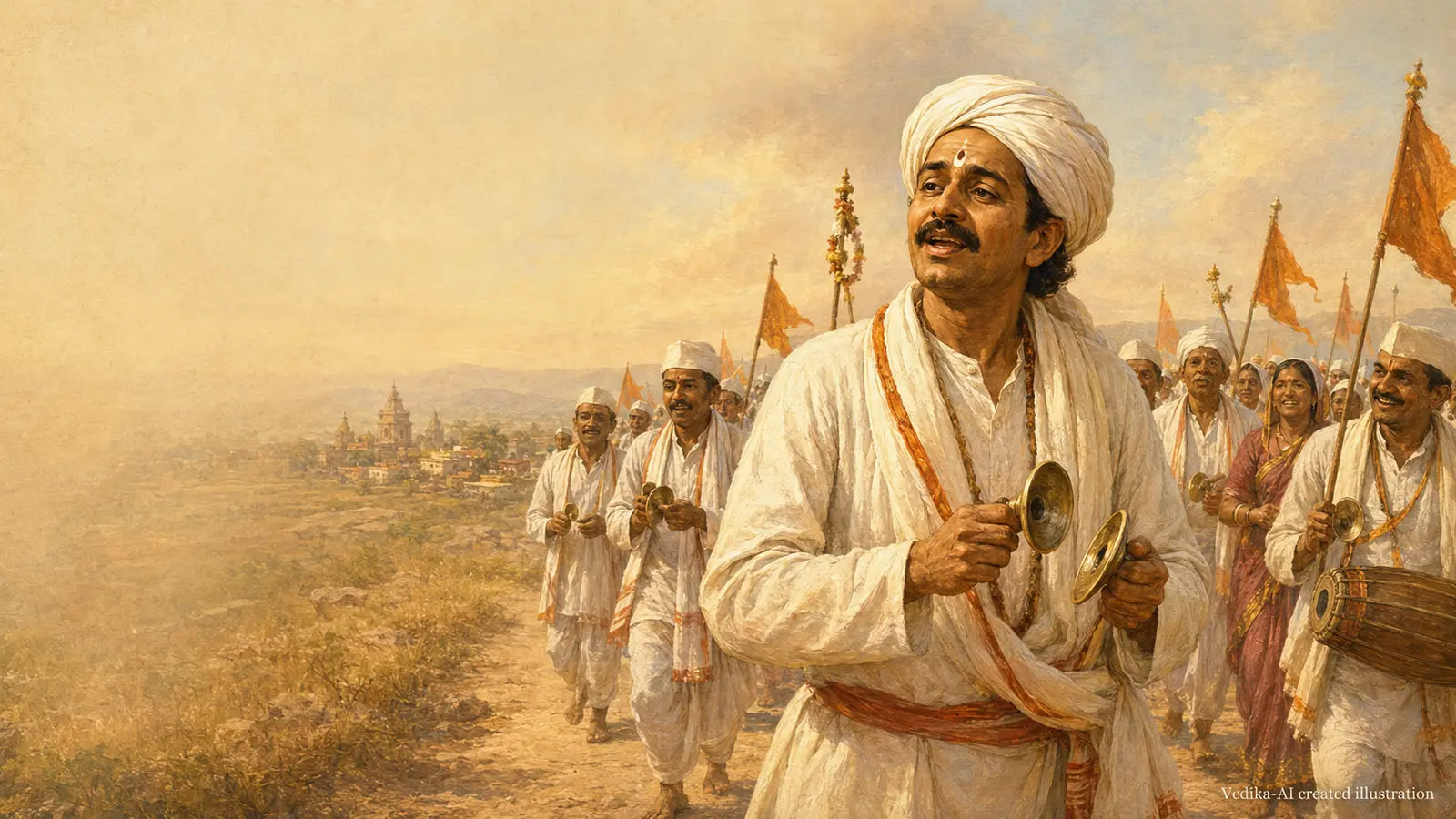 Vedika-created painted interpretation of Tukaram singing abhangs with cymbals among Varkari pilgrims on a Deccan path