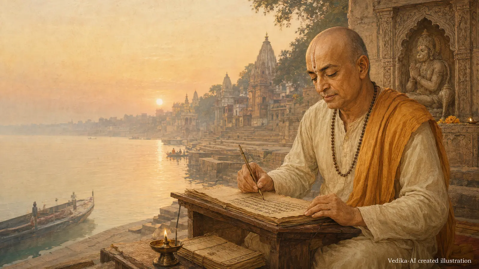 Vedika-created painted interpretation of Tulsidas composing the Ramcharitmanas beside the Ganga at dawn
