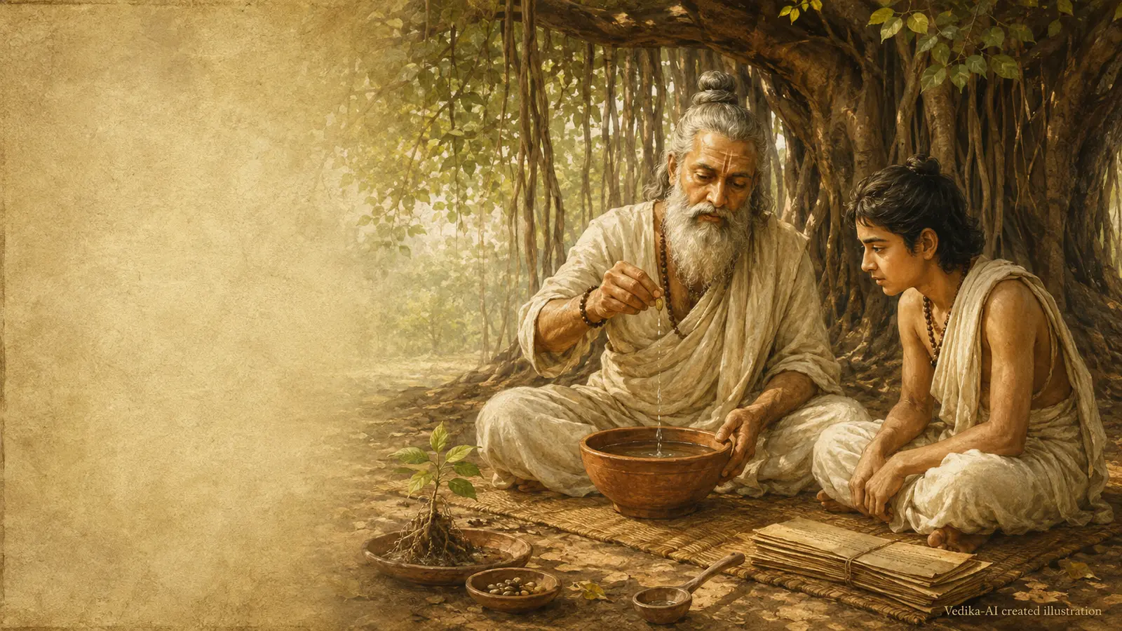 Vedika-created painted interpretation of Uddalaka Aruni teaching with a banyan seed and a bowl of water