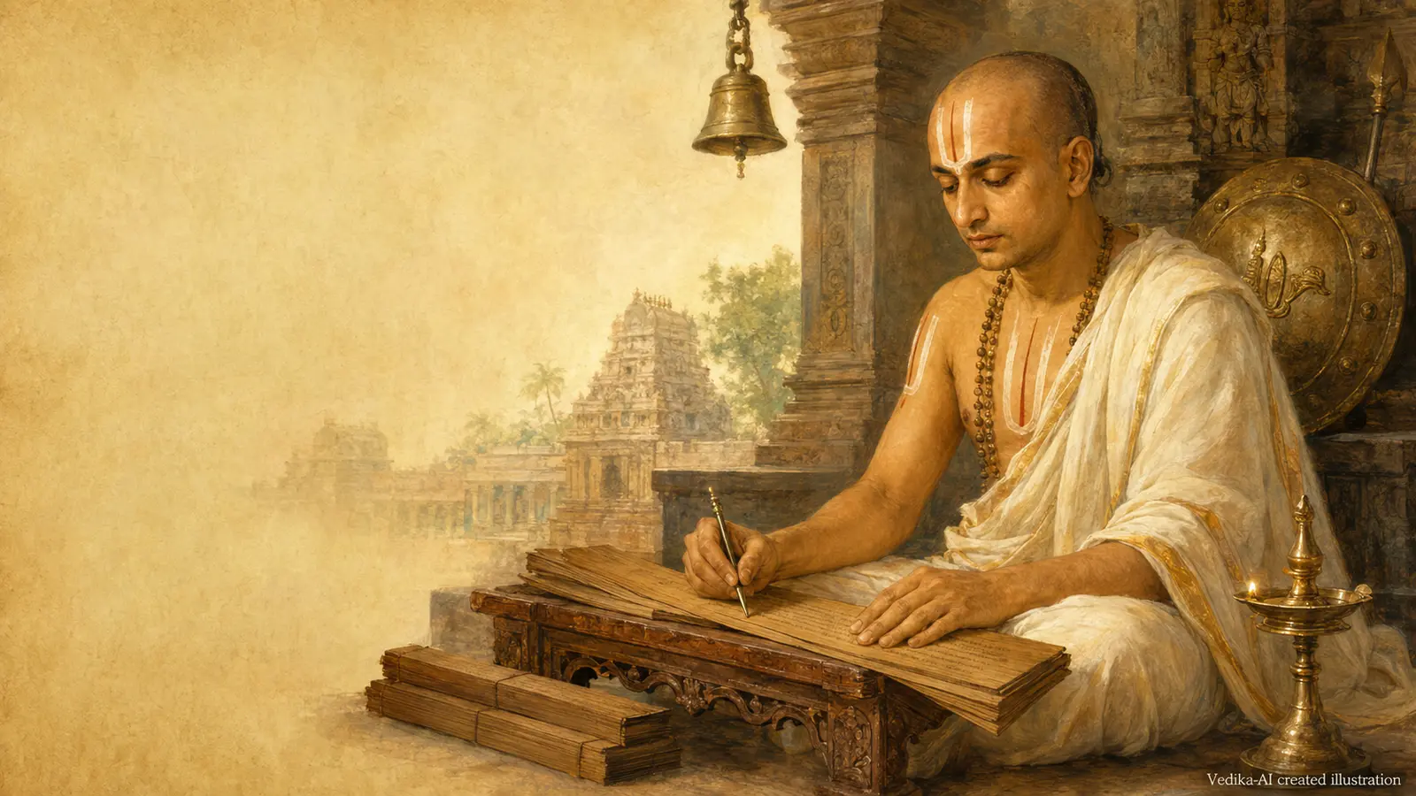 Vedika-created painted interpretation of Vedanta Desika writing in a temple library with manuscripts and a devotional bell
