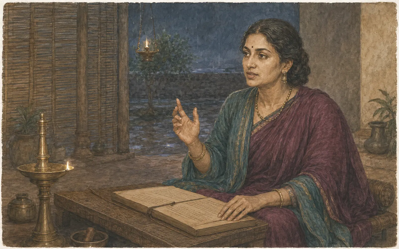 Vedika-created painted interpretation of Lopamudra speaking beside an open palm-leaf folio in a lamp-lit courtyard