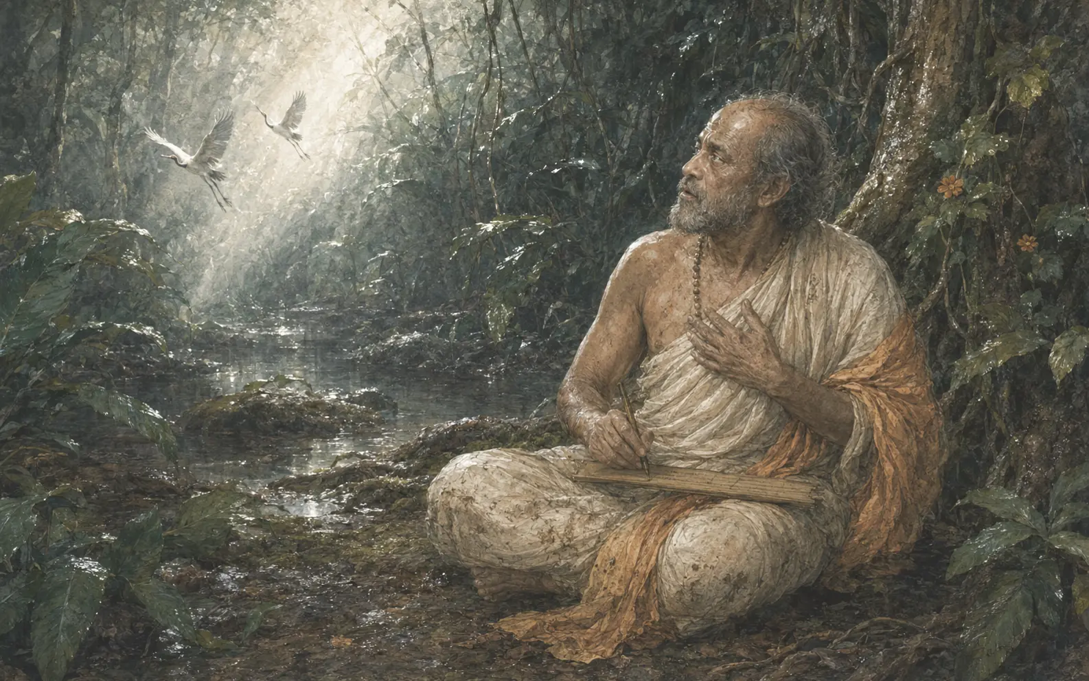 Vedika-created painted interpretation of Valmiki in a rain-dark forest as cranes rise through a shaft of light
