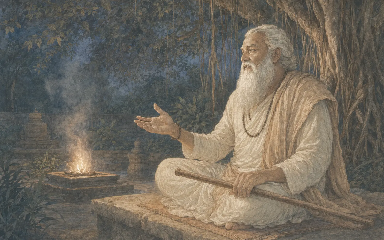 Vedika-created painted interpretation of the elder Vasistha teaching beneath a banyan tree beside a sacred fire