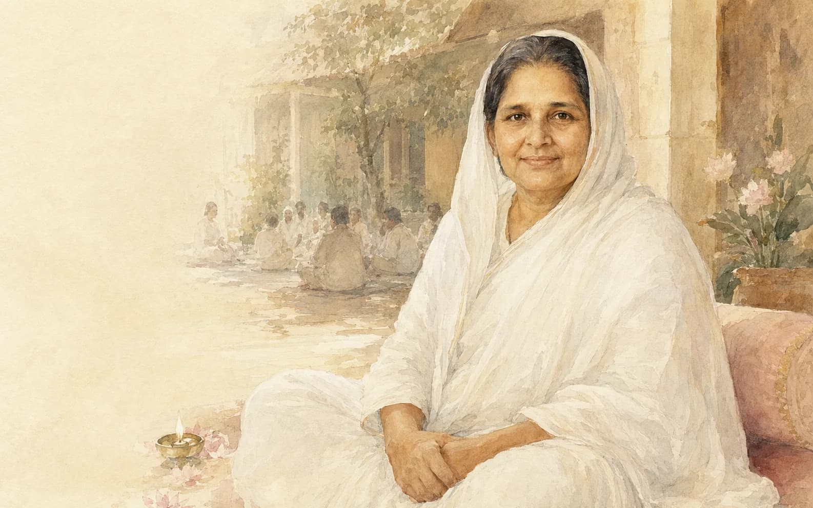 Vedika-created painted portrait of Anandamayi Ma looking warmly toward the seeker in a white sari