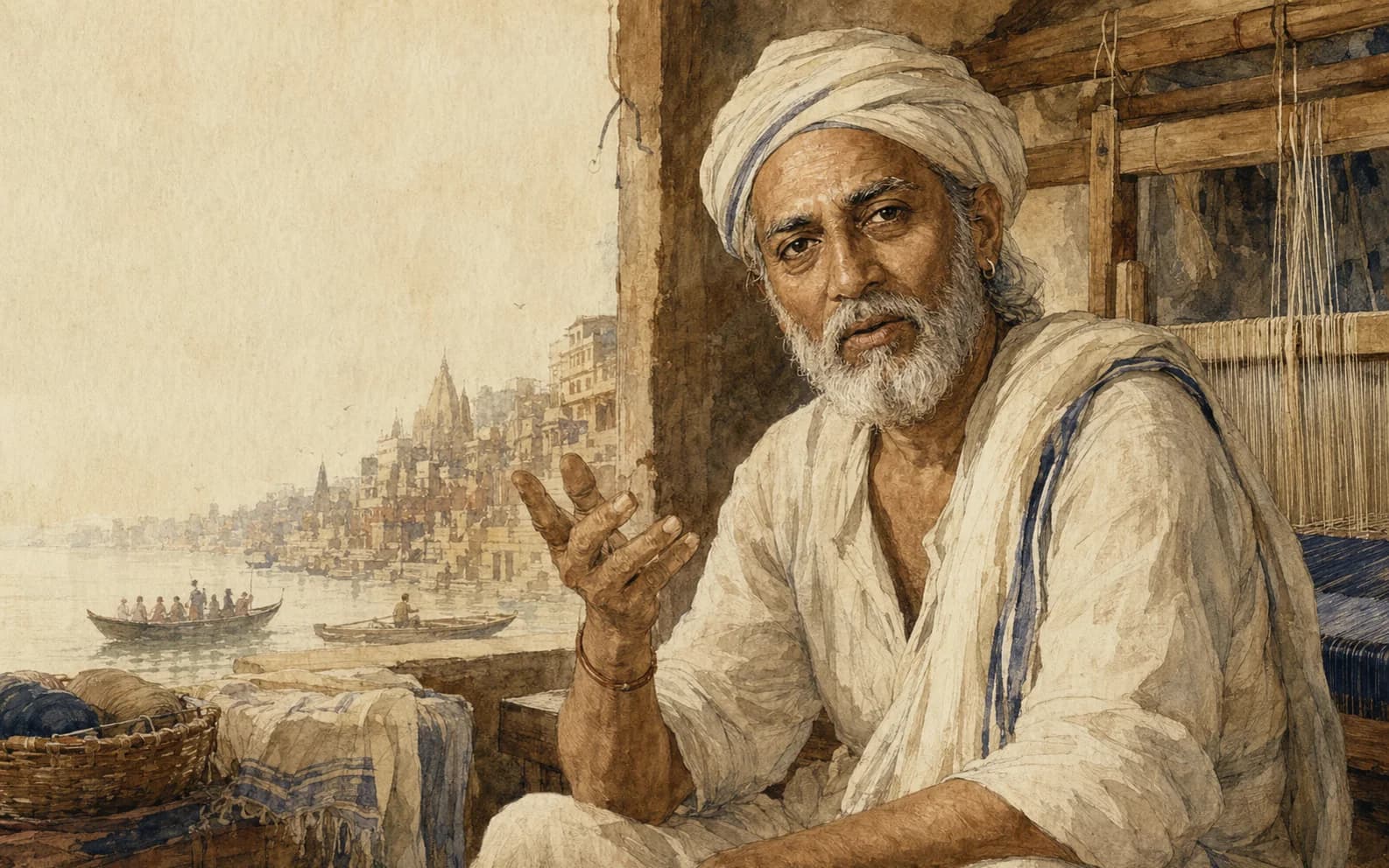 Vedika-created painted interpretation of Kabir as a weaver-poet looking directly toward the seeker near Kashi