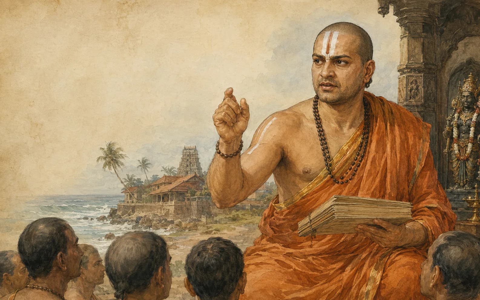 Vedika-created painted interpretation of Madhvacharya teaching with firm debate energy near a coastal temple