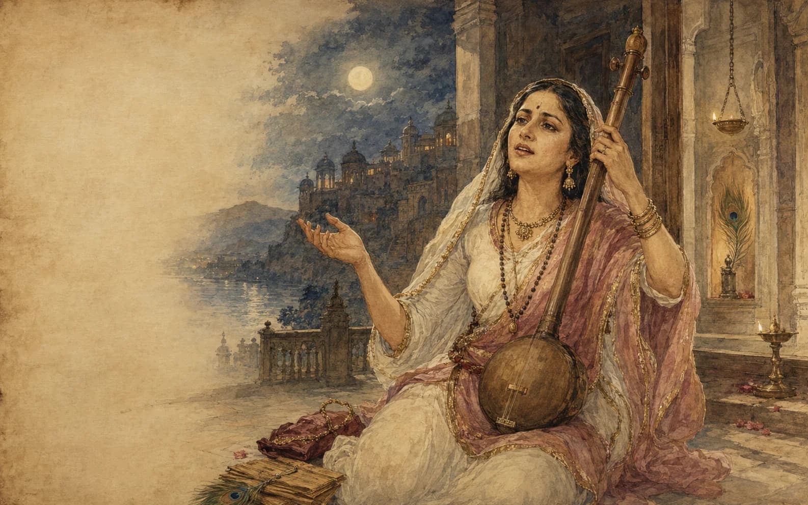 Vedika-created painted interpretation of Mirabai singing with a tanpura in a moonlit palace-temple setting