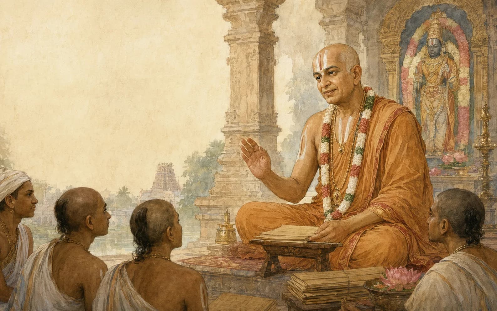 Vedika-created painted interpretation of Ramanujacharya teaching students in a South Indian temple setting