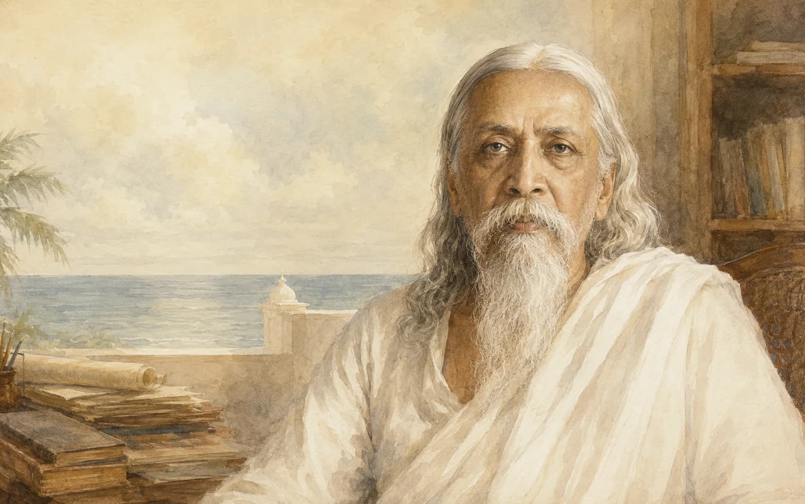 Vedika-created painted portrait of Sri Aurobindo looking almost directly at the seeker from a Pondicherry study