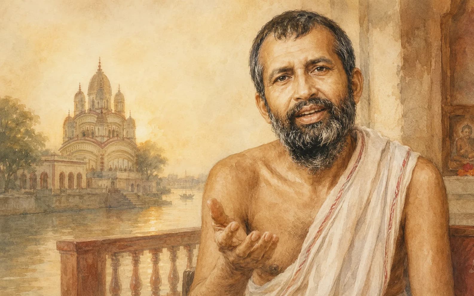 Vedika-created painted portrait of Sri Ramakrishna looking toward the seeker near Dakshineswar