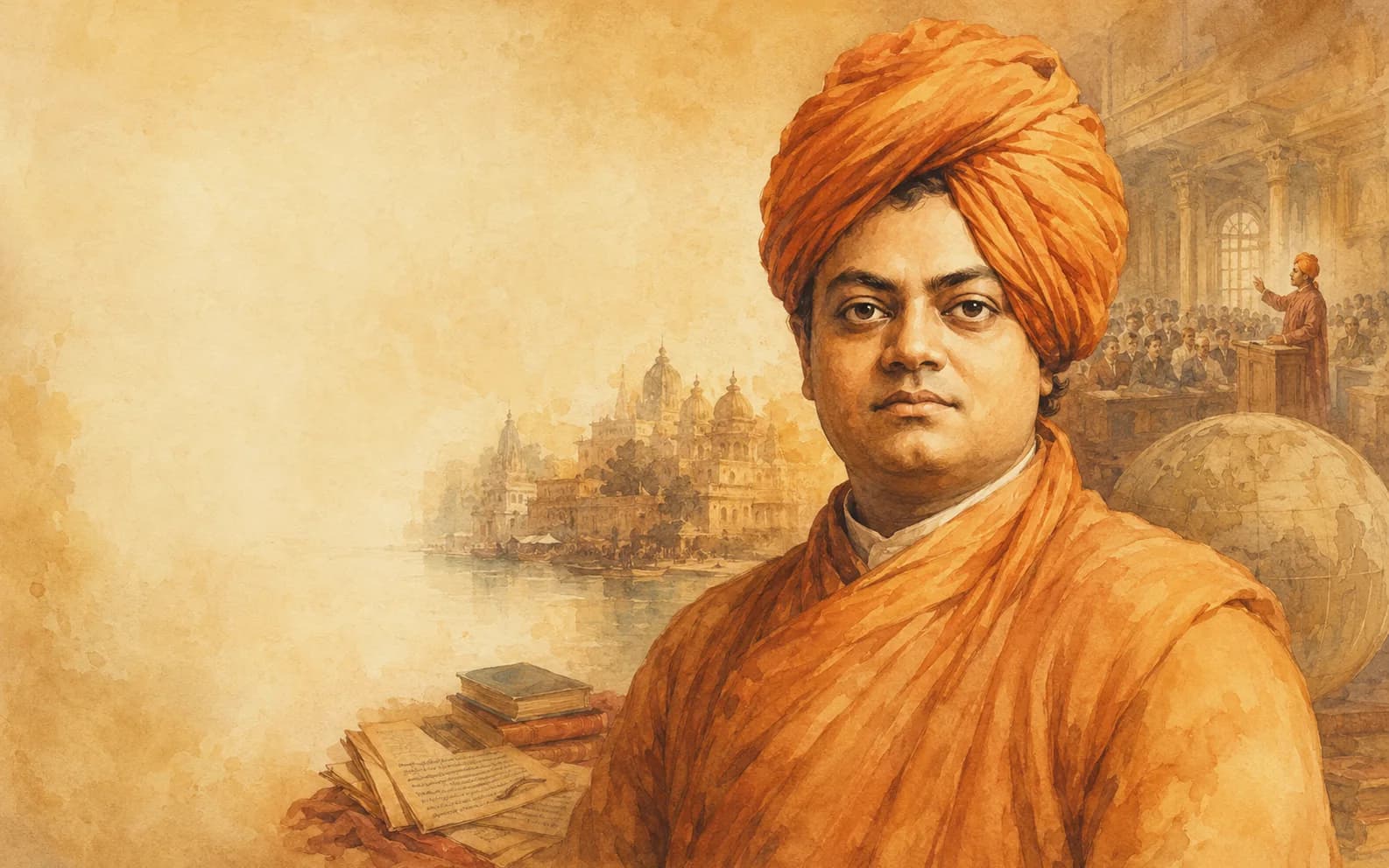 Vedika-created painted portrait of Swami Vivekananda looking directly at the seeker in saffron robes and turban