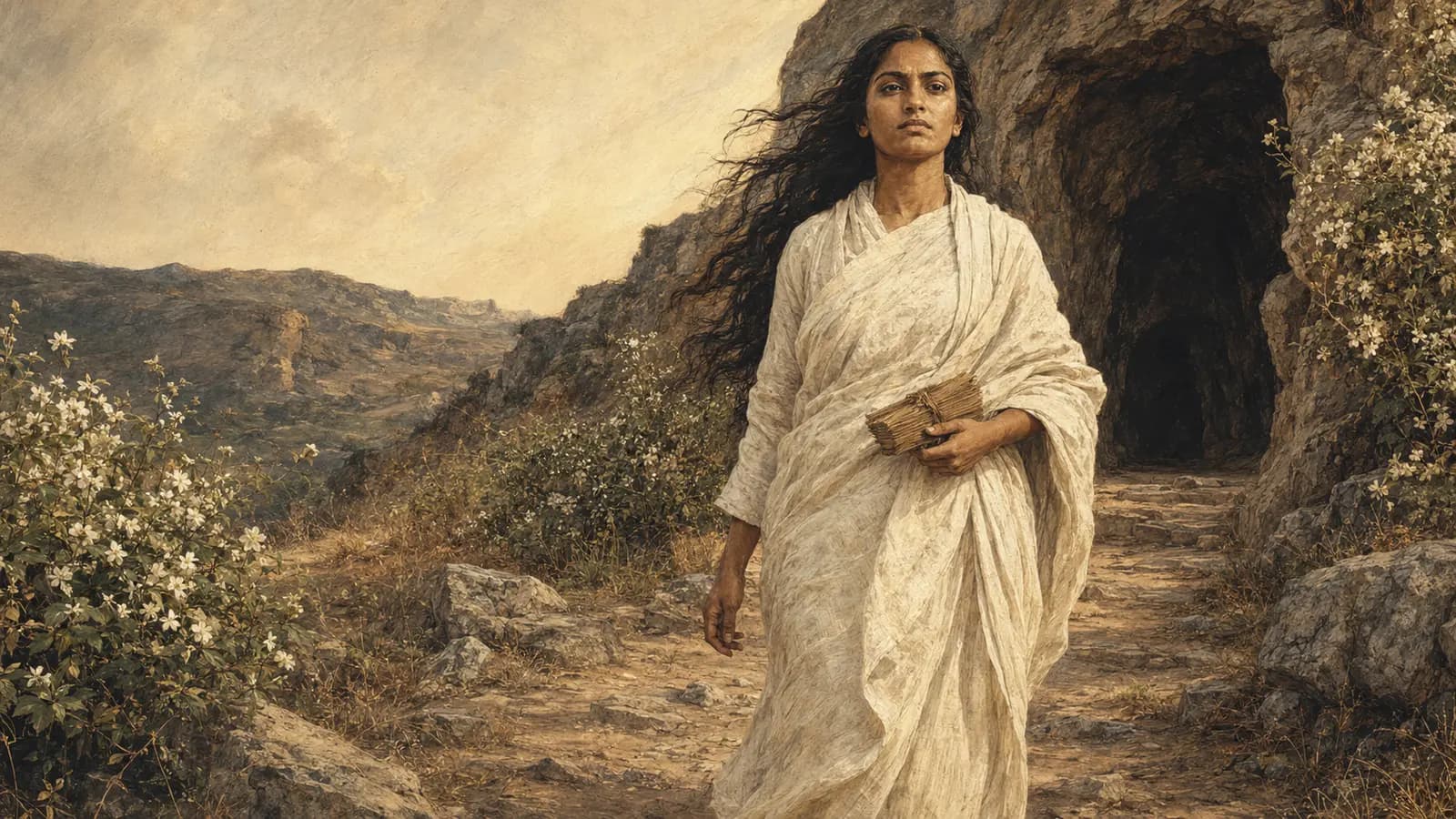 Vedika-created painted interpretation of Akka Mahadevi walking near a cave in a jasmine-covered landscape